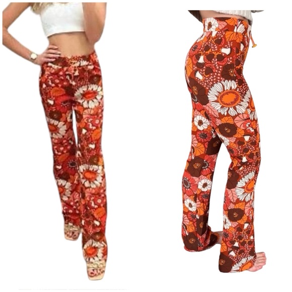 Zara BLOGGERS FAVORITE! 70’s Retro Orange Floral Print High Waist Pant Leggings - Picture 1 of 13